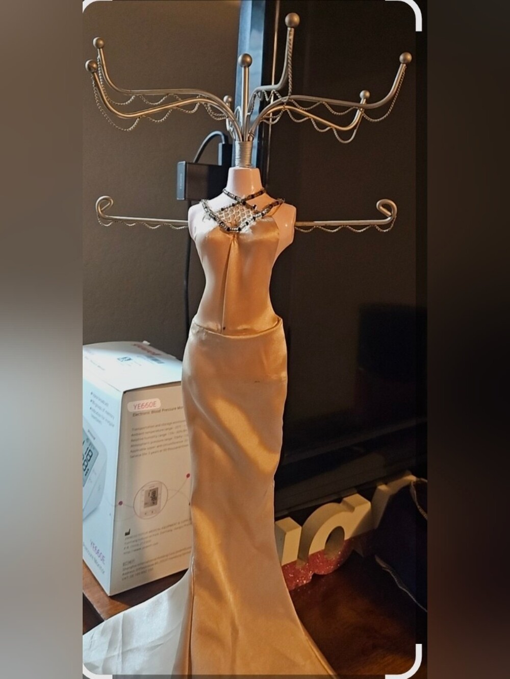 Gold Satin Dress Jewelry Stand with Beaded Neckline